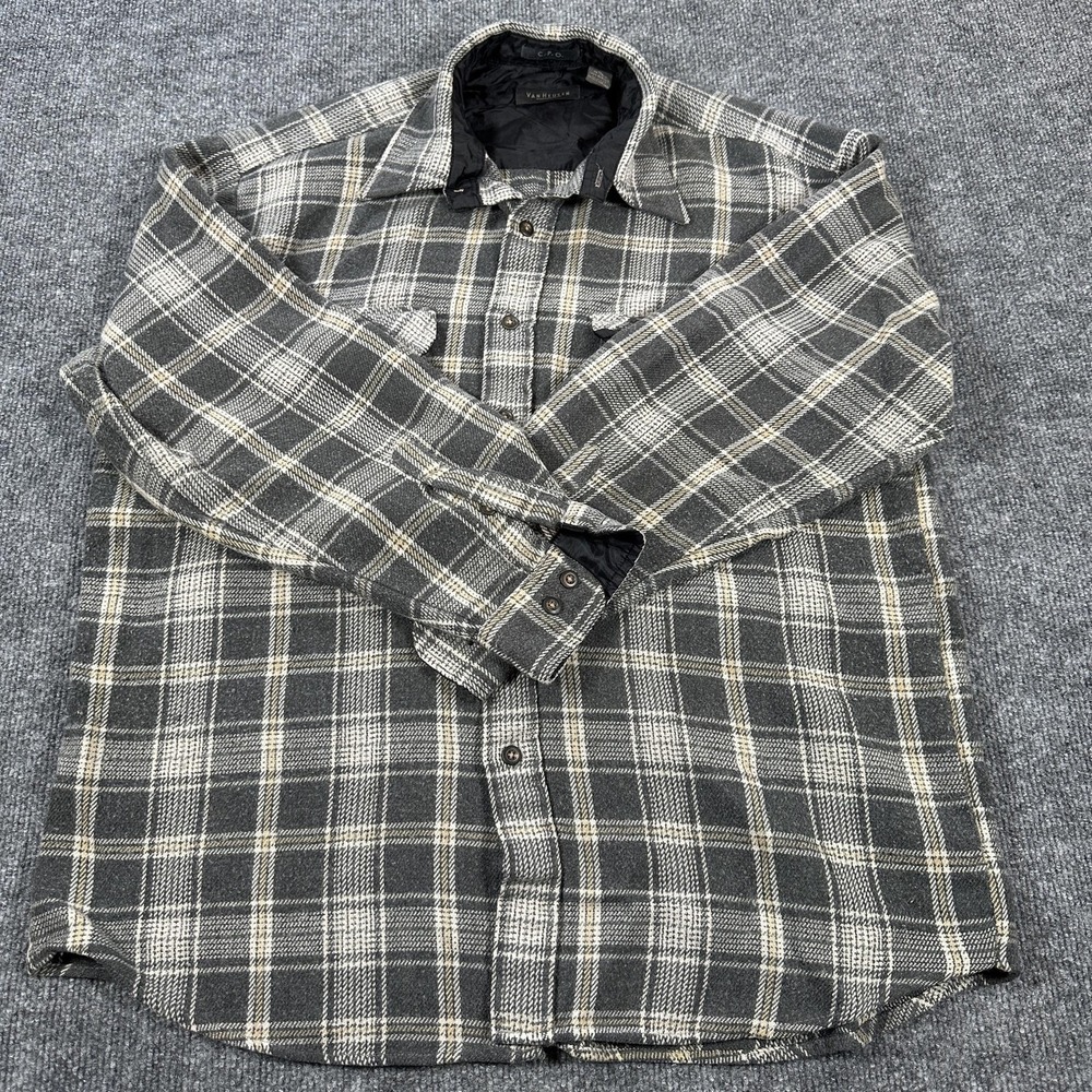 Van Heusen Shirt Mens Medium Gray Plaid Flannel Lined Button Up Long Sleeve